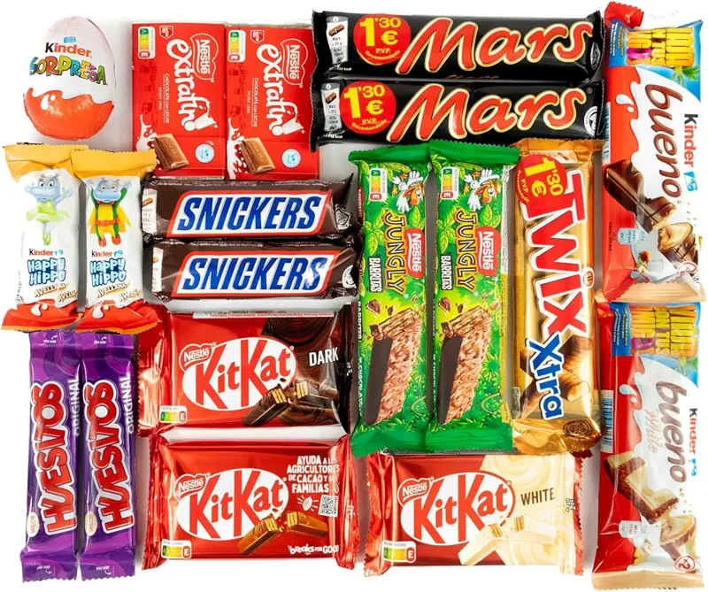 Surtido de chocolatinas: KitKat, Snickers, Twix, Kinder Bueno y más